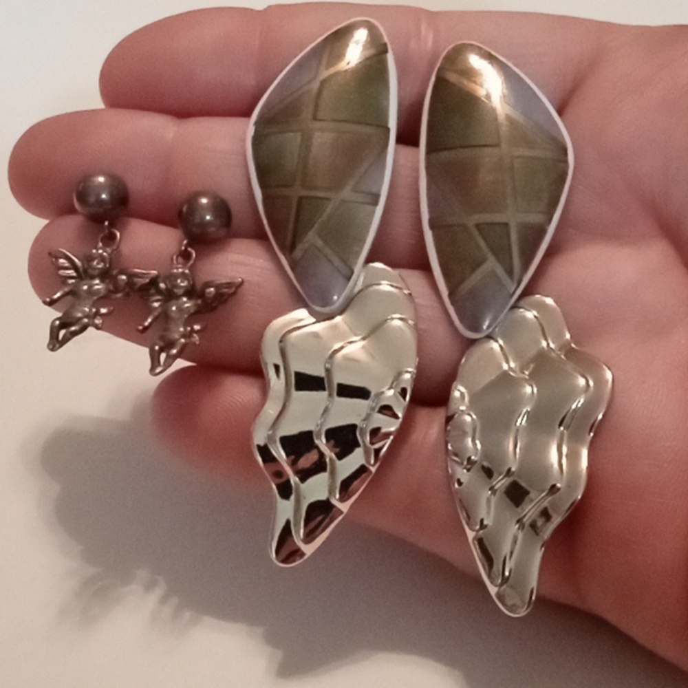 #1075. 3 Piece Earring Bundle, Vintage, Silver Toned & Angel Post Back Earrings